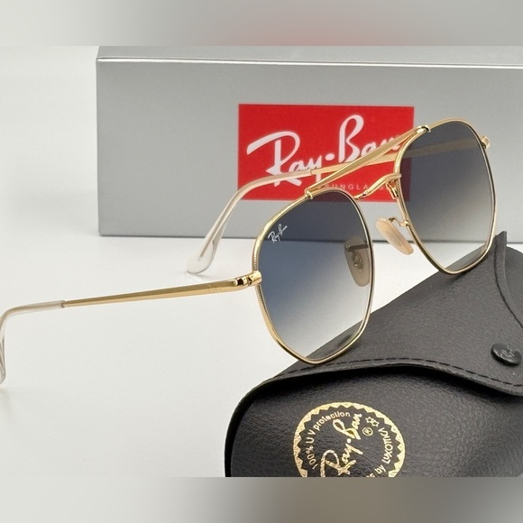 Ray-Ban Sunglasses Marshal II RB3648 Aviator Gold Hexagon Frame Light Blue 360 - Picture 4 of 15